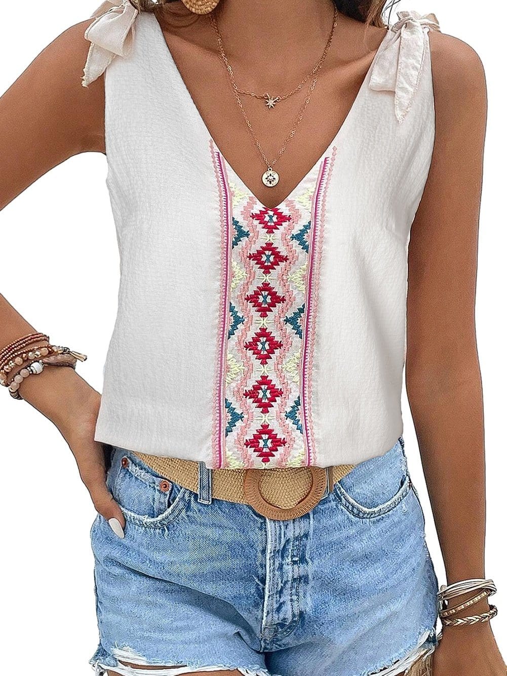 Boho Chic White Floral Embroidered Knotted Tank Top with Textured Fabric