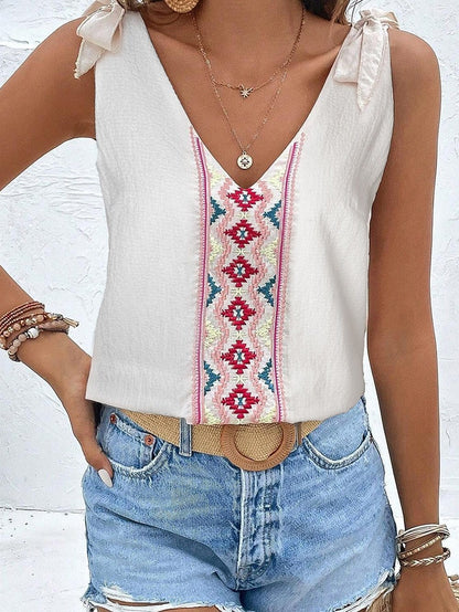 Boho Chic White Floral Embroidered Knotted Tank Top with Textured Fabric