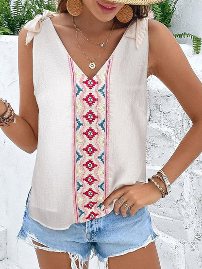Boho Chic White Floral Embroidered Knotted Tank Top with Textured Fabric