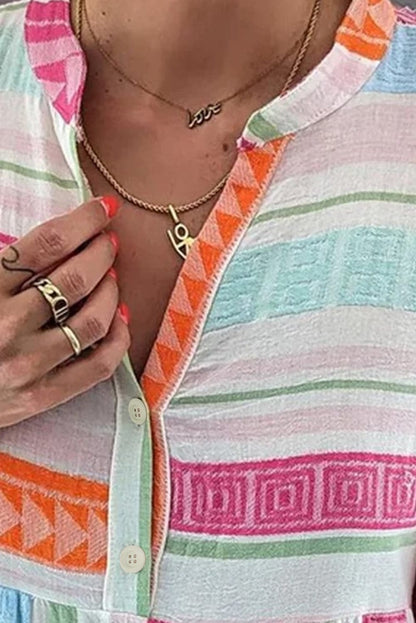 Boho Geometric Print Mini Dress with Buttoned Bracelet Sleeves