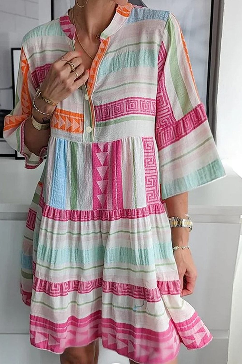 Boho Geometric Print Mini Dress with Buttoned Bracelet Sleeves