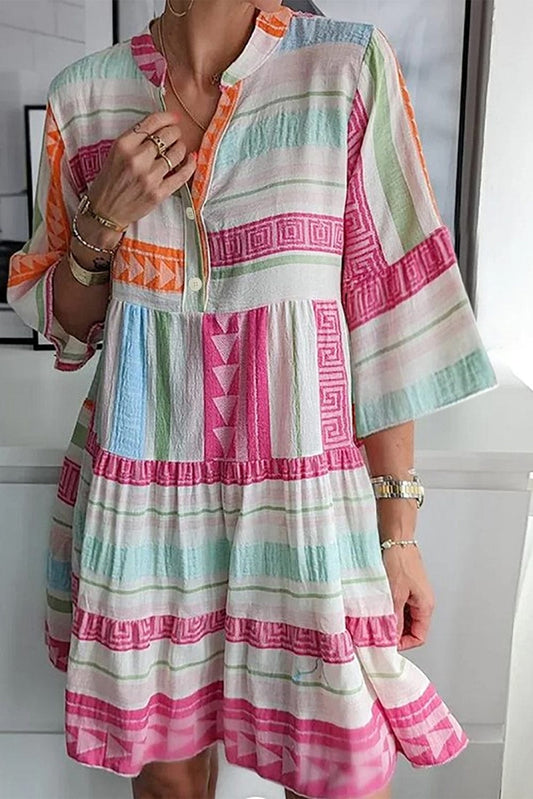 Boho Geometric Print Mini Dress with Buttoned Bracelet Sleeves