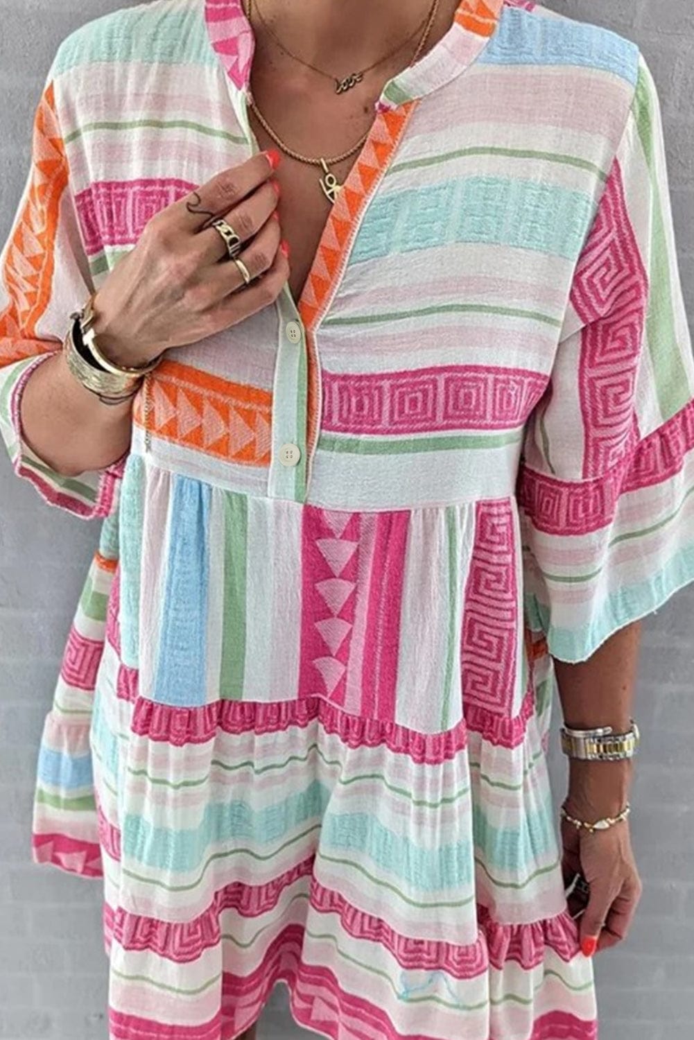 Boho Geometric Print Mini Dress with Buttoned Bracelet Sleeves