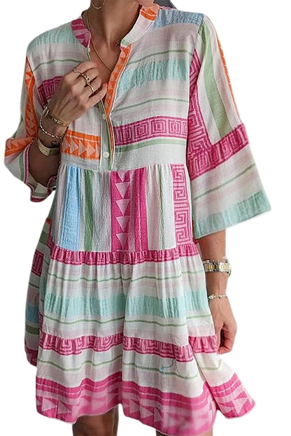 Boho Geometric Print Mini Dress with Buttoned Bracelet Sleeves