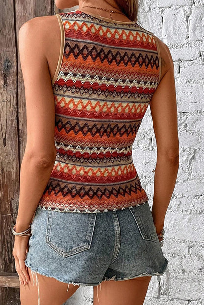 Boho Orange Geometric Jacquard Tank Top for Summer Adventures