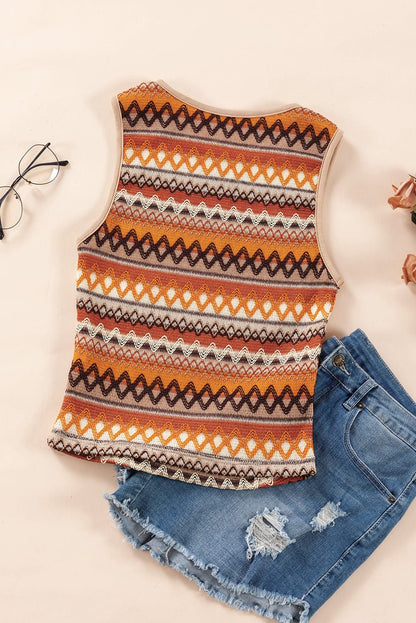 Boho Orange Geometric Jacquard Tank Top for Summer Adventures