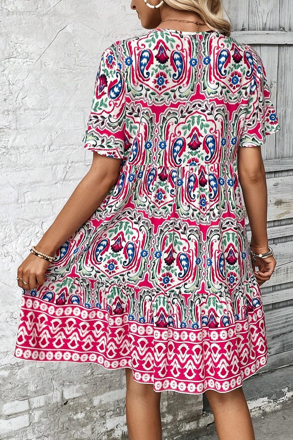 Boho Pink Floral Print Tie Neck Mini Dress