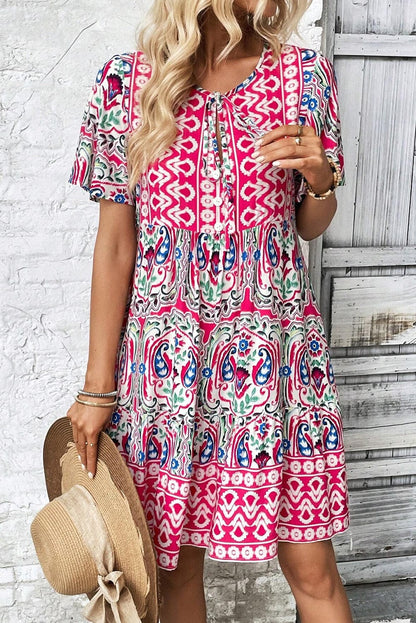 Boho Pink Floral Print Tie Neck Mini Dress