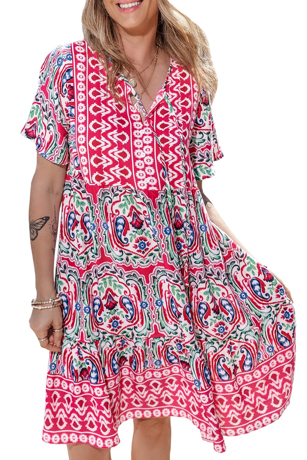 Boho Pink Floral Print Tie Neck Mini Dress