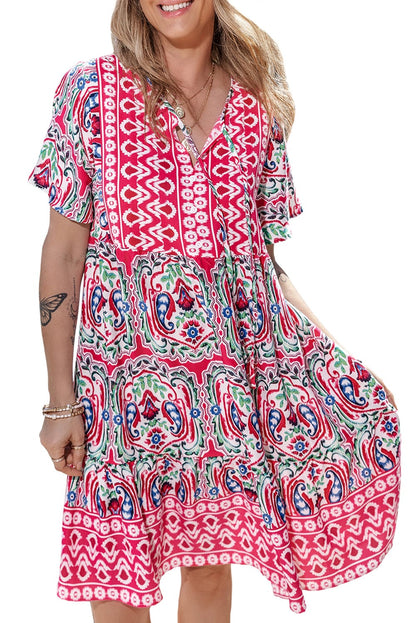 Boho Pink Floral Print Tie Neck Mini Dress