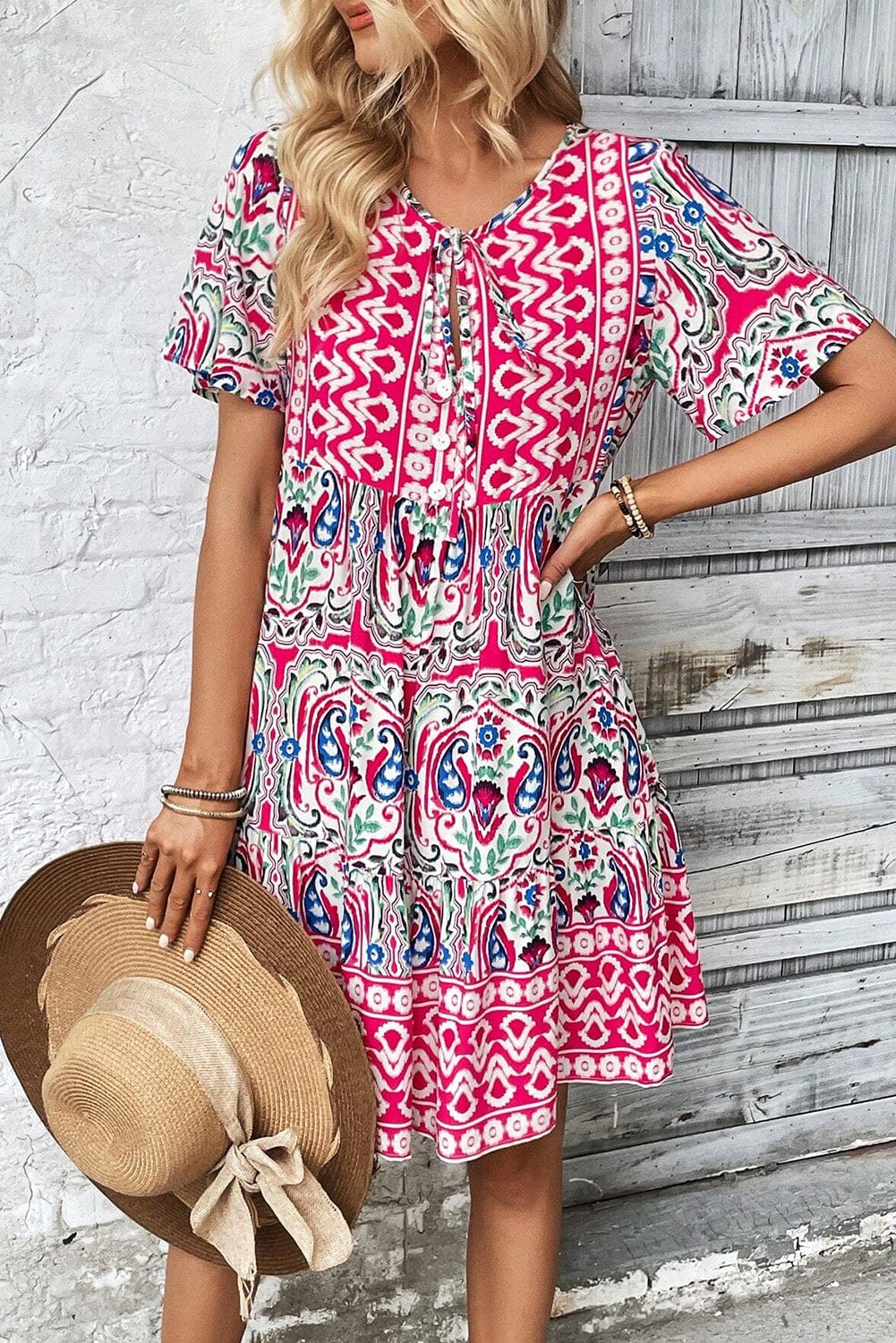 Boho Pink Floral Print Tie Neck Mini Dress