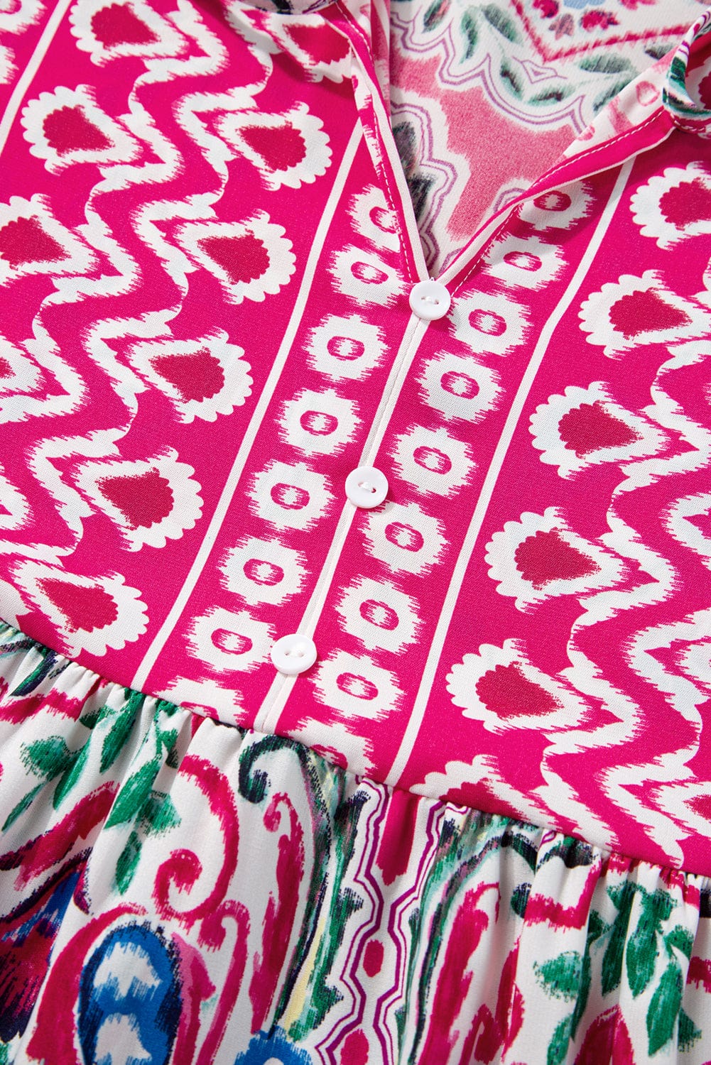 Boho Pink Floral Print Tie Neck Mini Dress