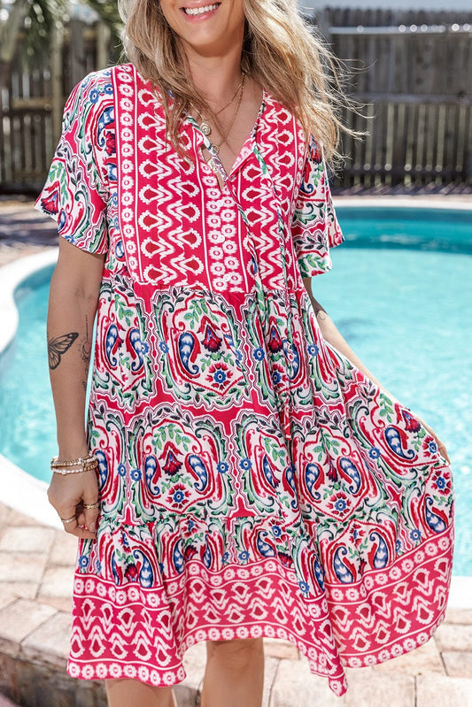 Boho Pink Floral Print Tie Neck Mini Dress