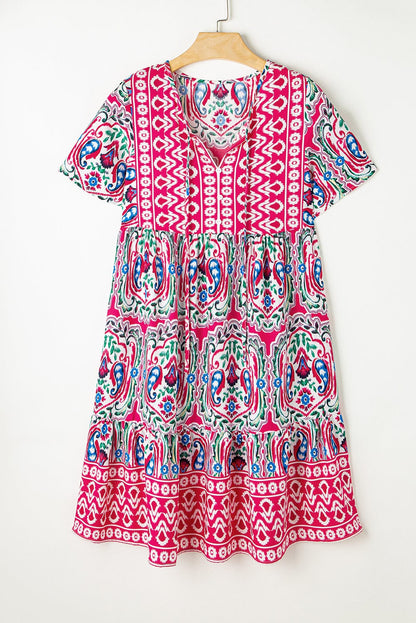 Boho Pink Floral Print Tie Neck Mini Dress