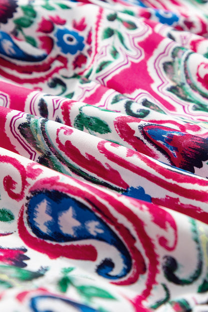 Boho Pink Floral Print Tie Neck Mini Dress