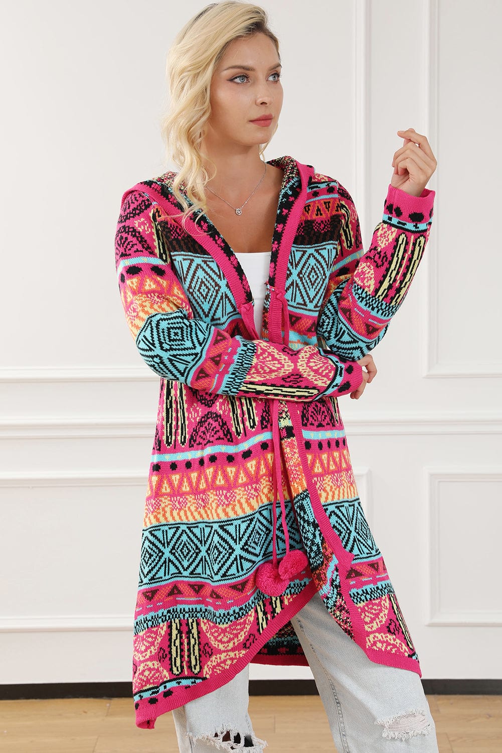 Boho Rose Aztec Patchwork Hooded Cardigan with Pom Pom Trim