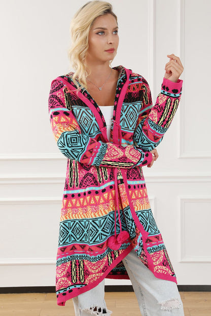 Boho Rose Aztec Patchwork Hooded Cardigan with Pom Pom Trim