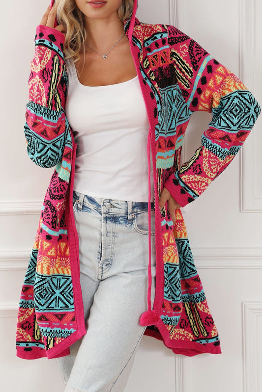 Boho Rose Aztec Patchwork Hooded Cardigan with Pom Pom Trim
