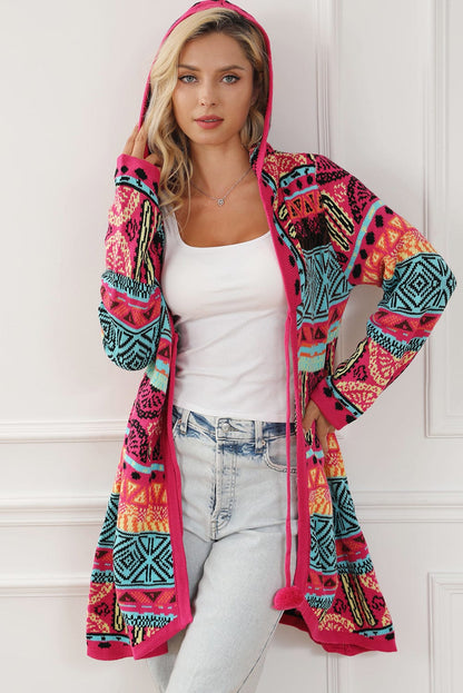 Boho Rose Aztec Patchwork Hooded Cardigan with Pom Pom Trim