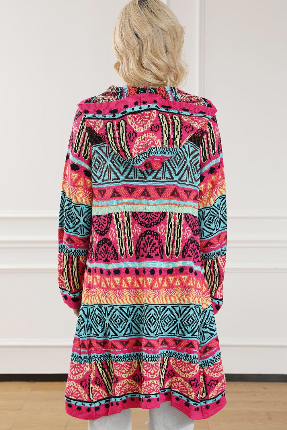 Boho Rose Aztec Patchwork Hooded Cardigan with Pom Pom Trim