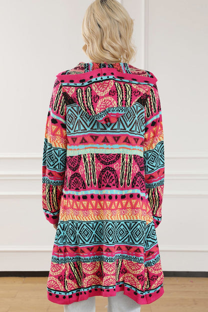 Boho Rose Aztec Patchwork Hooded Cardigan with Pom Pom Trim