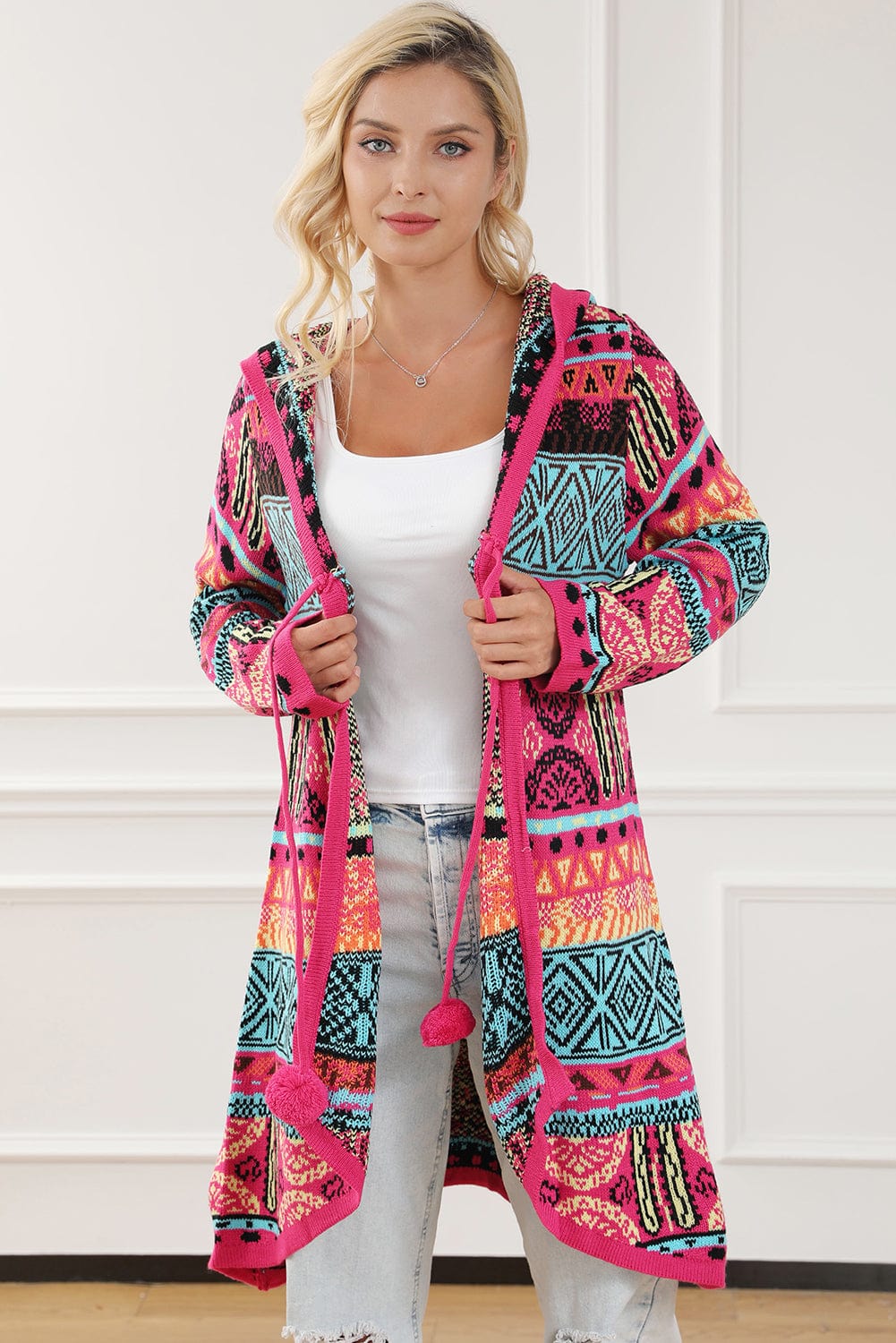 Boho Rose Aztec Patchwork Hooded Cardigan with Pom Pom Trim