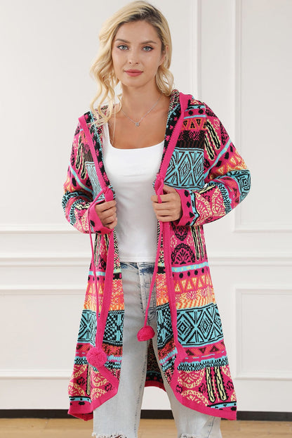 Boho Rose Aztec Patchwork Hooded Cardigan with Pom Pom Trim