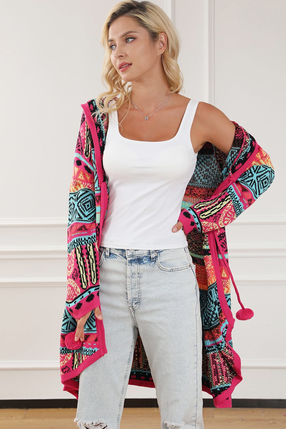 Boho Rose Aztec Patchwork Hooded Cardigan with Pom Pom Trim