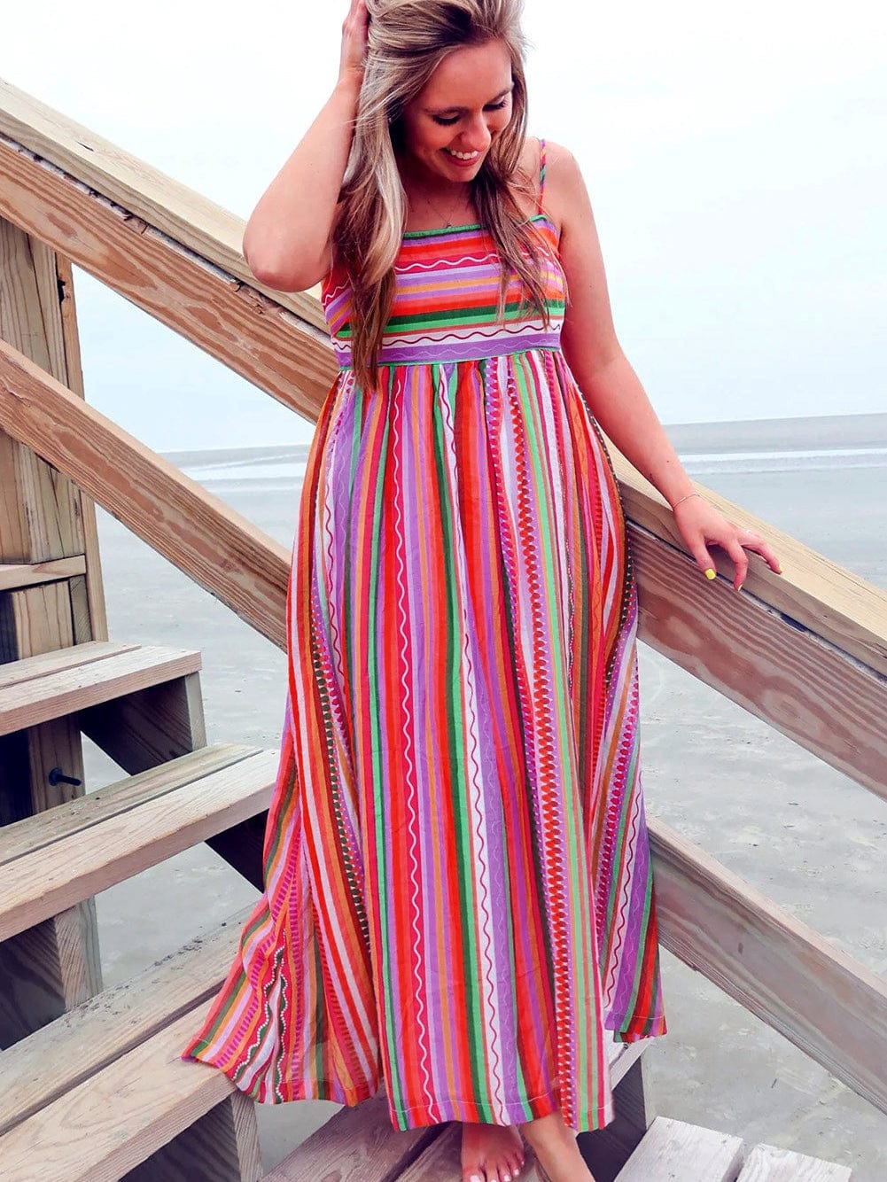 Boho Striped Smocked Back Maxi Dress with Thin Straps