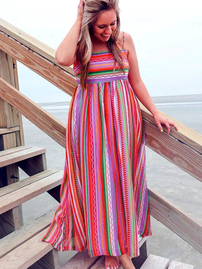 Boho Striped Smocked Back Maxi Dress with Thin Straps
