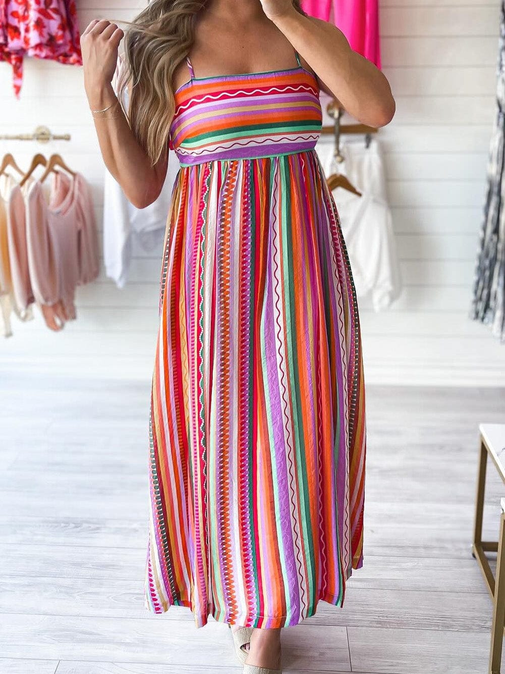 Boho Striped Smocked Back Maxi Dress with Thin Straps