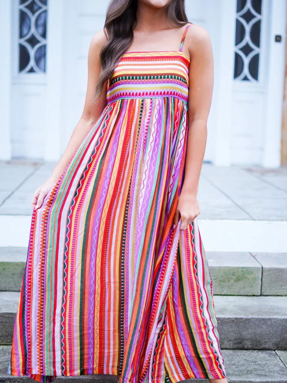 Boho Striped Smocked Back Maxi Dress with Thin Straps