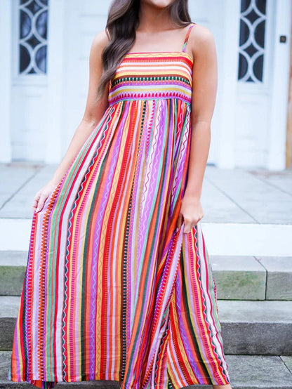 Boho Striped Smocked Back Maxi Dress with Thin Straps