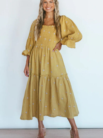Boho Yellow Floral Ruffle Midi Dress