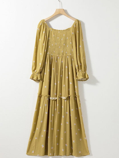 Boho Yellow Floral Ruffle Midi Dress