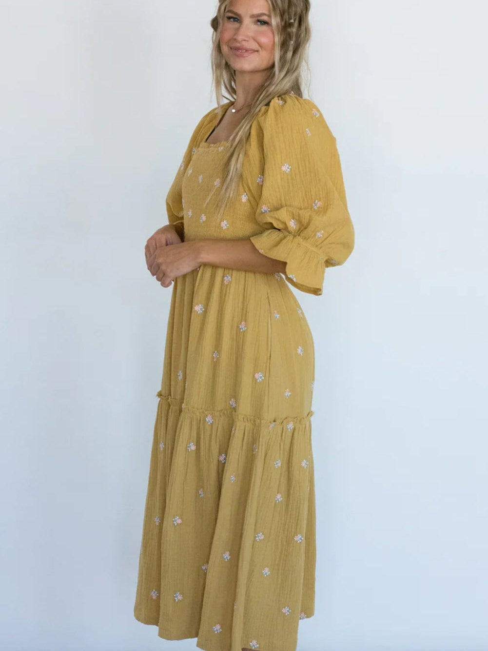 Boho Yellow Floral Ruffle Midi Dress