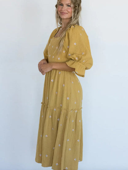 Boho Yellow Floral Ruffle Midi Dress