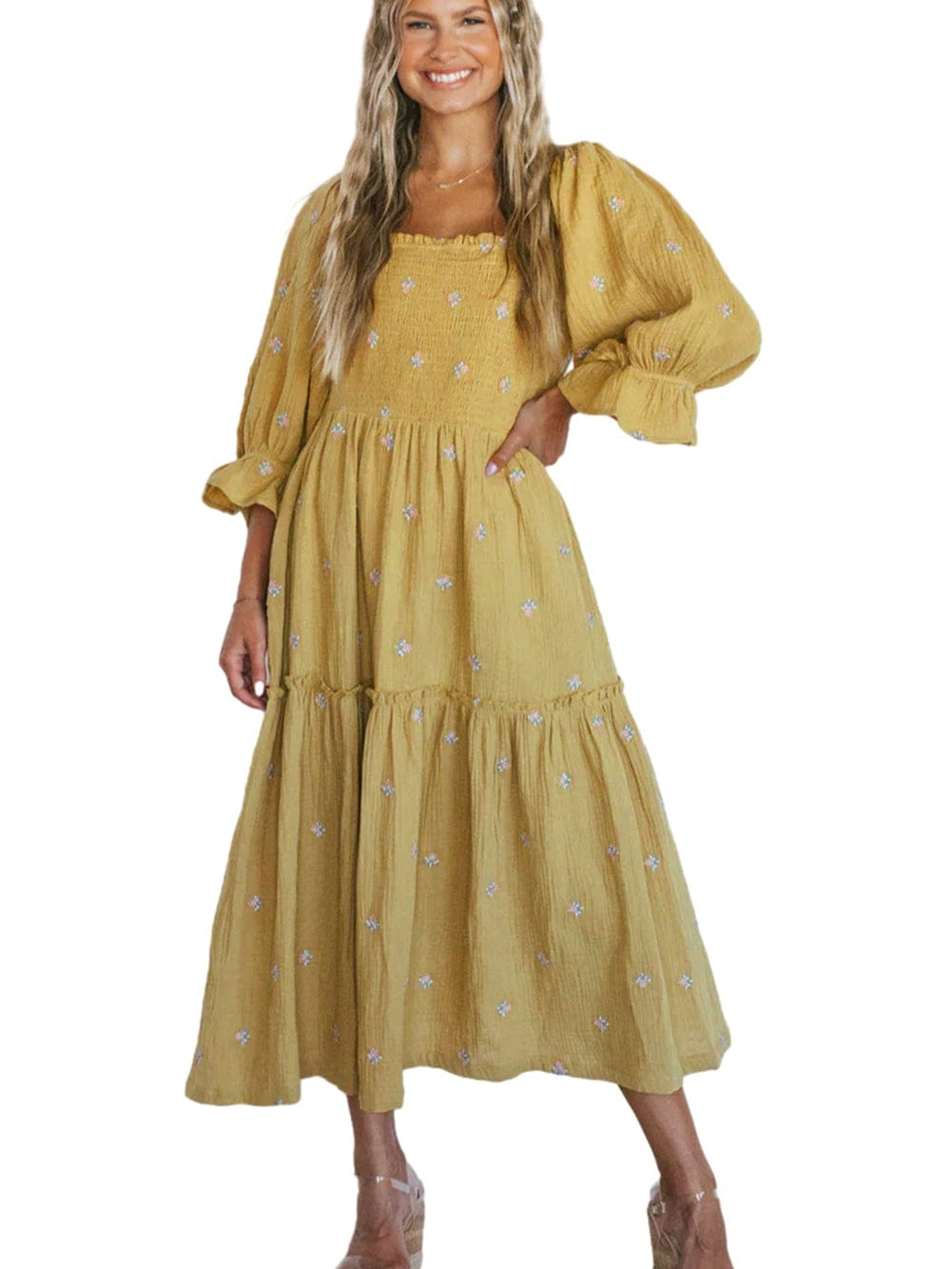 Boho Yellow Floral Ruffle Midi Dress
