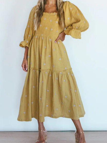 Boho Yellow Floral Ruffle Midi Dress