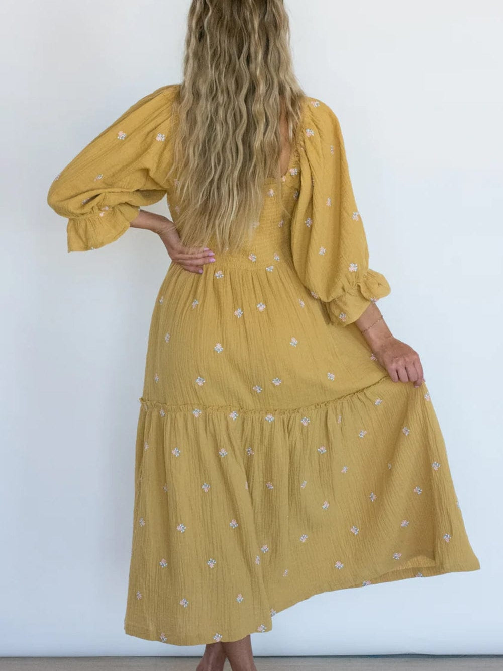 Boho Yellow Floral Ruffle Midi Dress