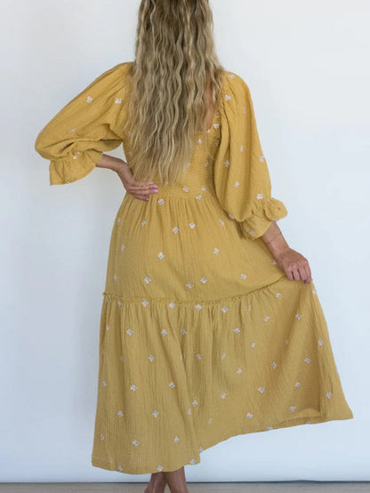 Boho Yellow Floral Ruffle Midi Dress