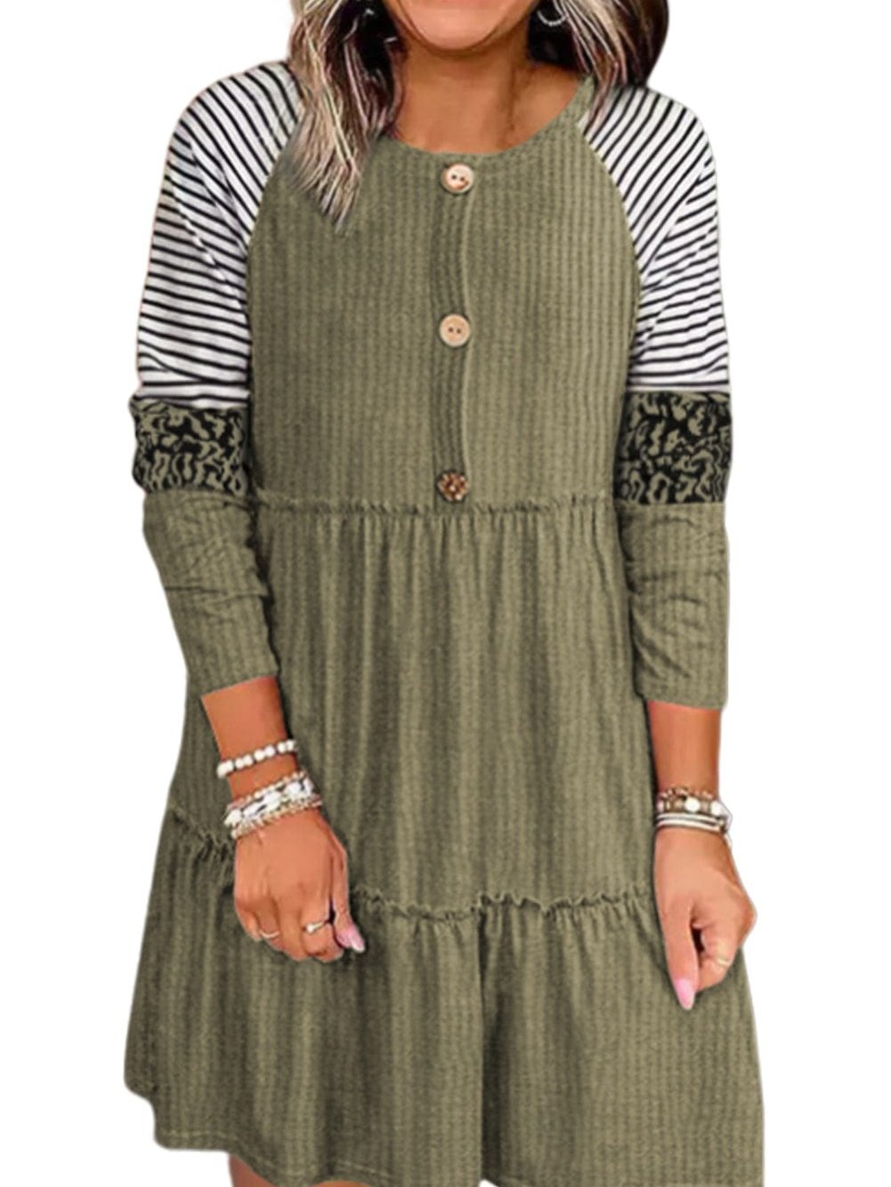 Bold Multicolor Striped Leopard Textured Dress with Raglan Sleeves