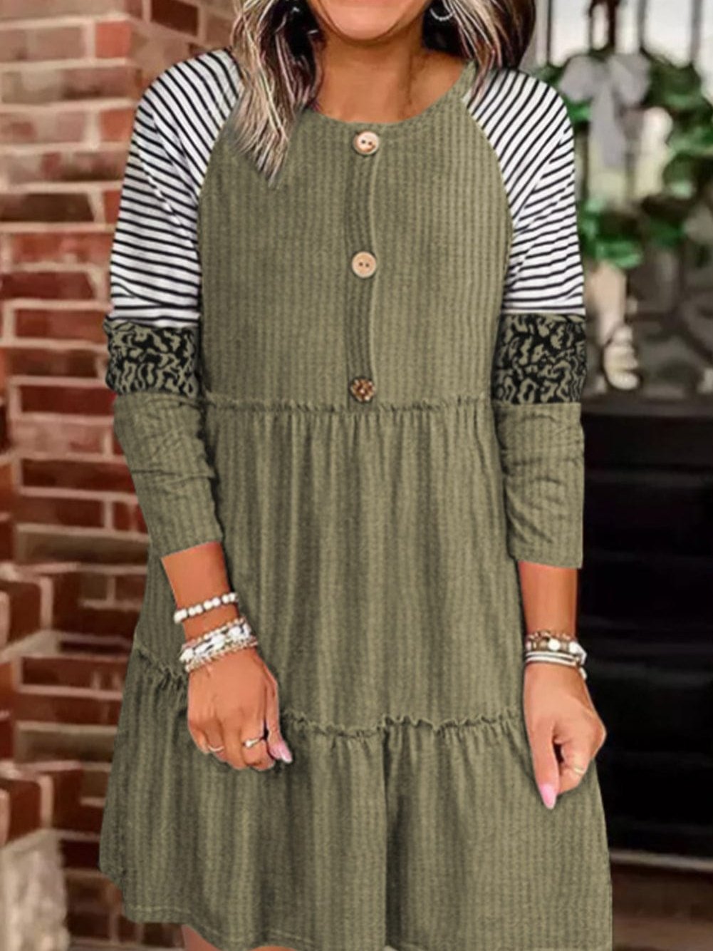 Bold Multicolor Striped Leopard Textured Dress with Raglan Sleeves