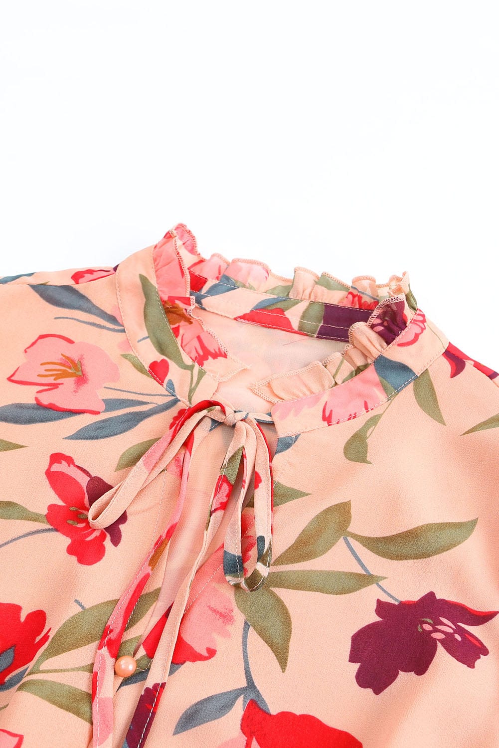 Bold Red Bloom Frilled Neckline Long Sleeve Dress with Flounce