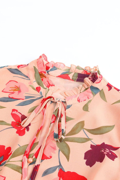 Bold Red Bloom Frilled Neckline Long Sleeve Dress with Flounce