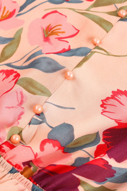 Bold Red Bloom Frilled Neckline Long Sleeve Dress with Flounce