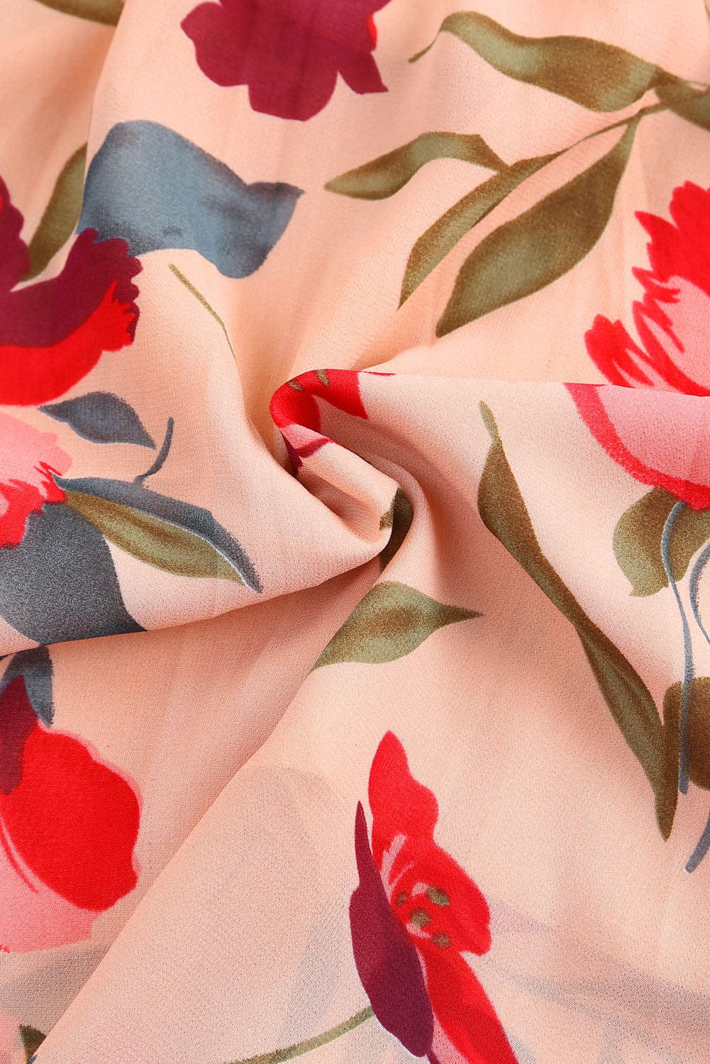 Bold Red Bloom Frilled Neckline Long Sleeve Dress with Flounce