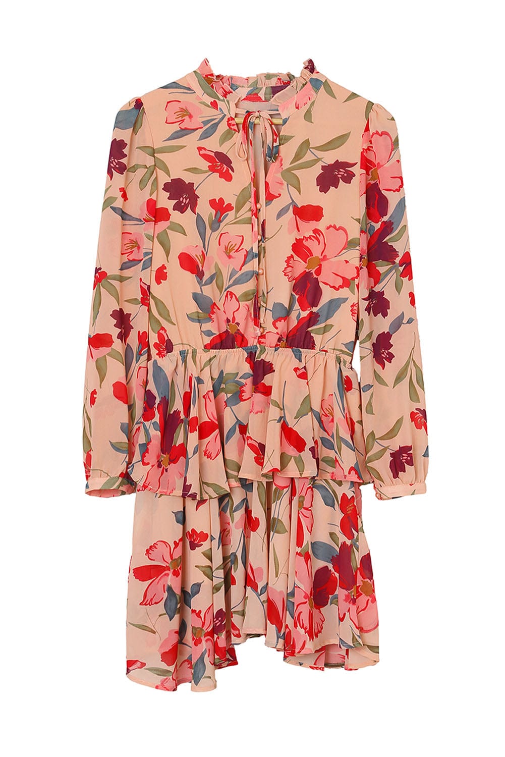 Bold Red Bloom Frilled Neckline Long Sleeve Dress with Flounce