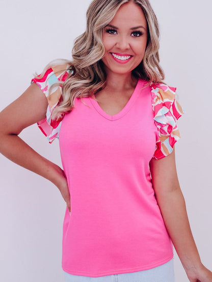 Bonbon Abstract Print Ruffle Sleeve V-Neck T-shirt