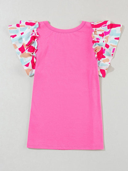 Bonbon Abstract Print Ruffle Sleeve V-Neck T-shirt